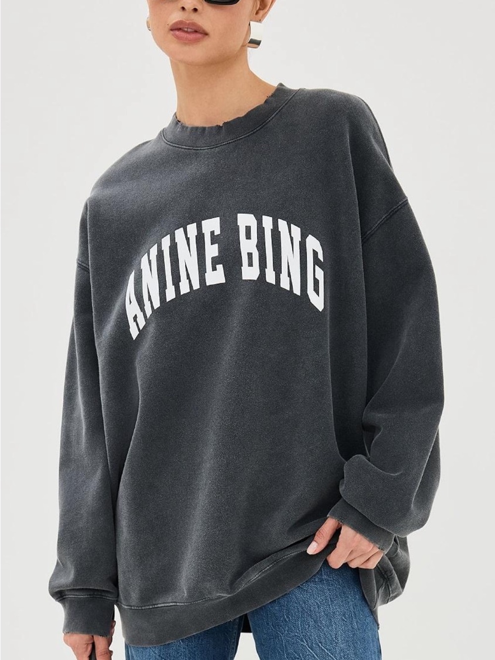 ANINE BING Tyler Sweatshirt Washed Black Distressed Logo XS